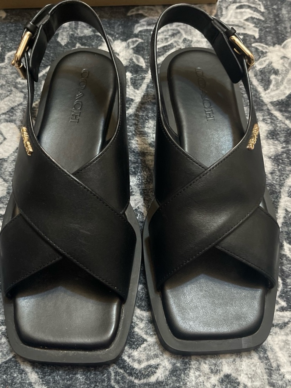 COACH Black Leather Crisscross Slingback Sandals with Gold Accent - Picture 5 of 7